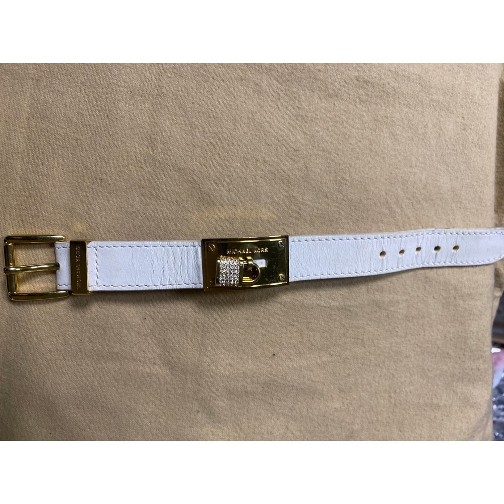 Michael Kors Leather Bracelet Womens Padlock Crystal Gold White OS